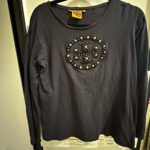 Tory Burch Black Long Sleeve Tee with Studded Logo Sz S